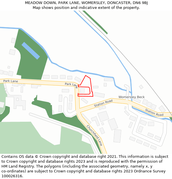MEADOW DOWN, PARK LANE, WOMERSLEY, DONCASTER, DN6 9BJ: Location map and indicative extent of plot
