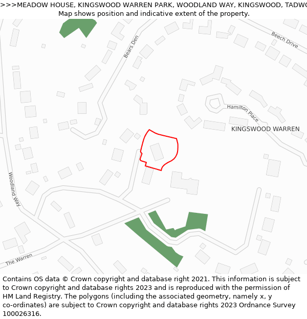 MEADOW HOUSE, KINGSWOOD WARREN PARK, WOODLAND WAY, KINGSWOOD, TADWORTH, KT20 6AD: Location map and indicative extent of plot