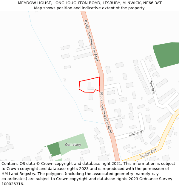 MEADOW HOUSE, LONGHOUGHTON ROAD, LESBURY, ALNWICK, NE66 3AT: Location map and indicative extent of plot