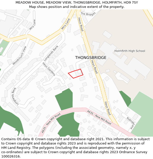 MEADOW HOUSE, MEADOW VIEW, THONGSBRIDGE, HOLMFIRTH, HD9 7SY: Location map and indicative extent of plot