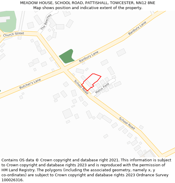 MEADOW HOUSE, SCHOOL ROAD, PATTISHALL, TOWCESTER, NN12 8NE: Location map and indicative extent of plot