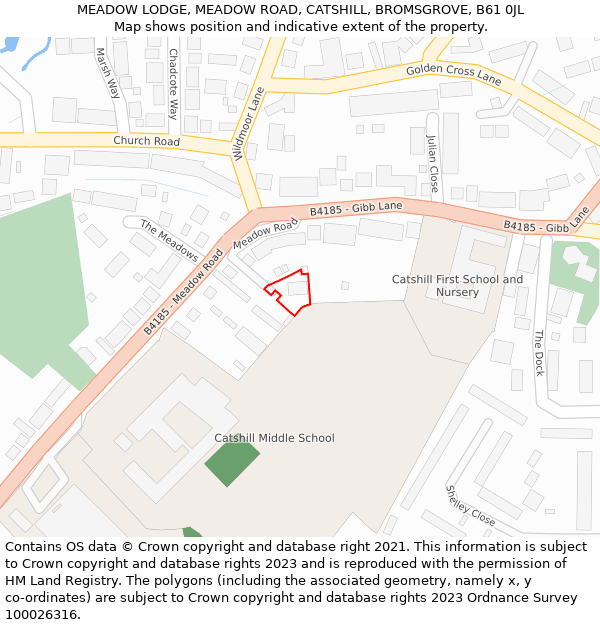 MEADOW LODGE, MEADOW ROAD, CATSHILL, BROMSGROVE, B61 0JL: Location map and indicative extent of plot