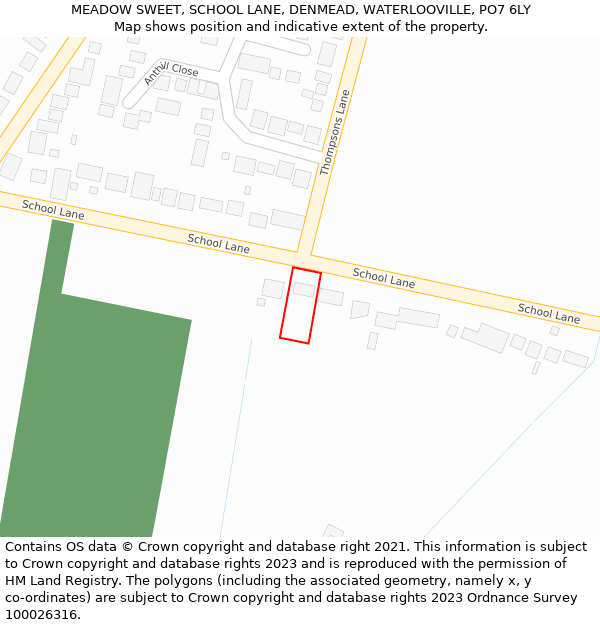 MEADOW SWEET, SCHOOL LANE, DENMEAD, WATERLOOVILLE, PO7 6LY: Location map and indicative extent of plot