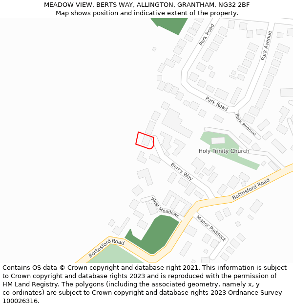 MEADOW VIEW, BERTS WAY, ALLINGTON, GRANTHAM, NG32 2BF: Location map and indicative extent of plot