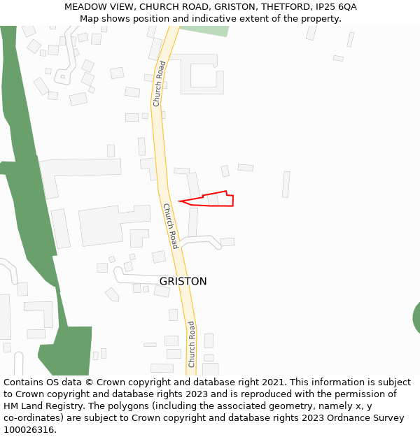 MEADOW VIEW, CHURCH ROAD, GRISTON, THETFORD, IP25 6QA: Location map and indicative extent of plot