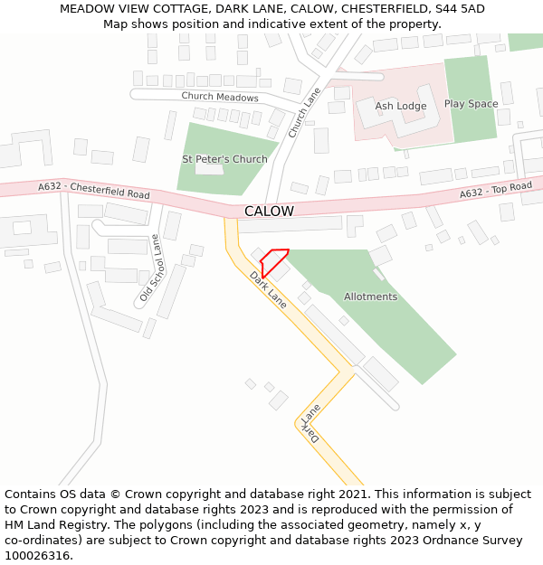 MEADOW VIEW COTTAGE, DARK LANE, CALOW, CHESTERFIELD, S44 5AD: Location map and indicative extent of plot