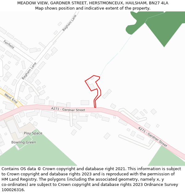 MEADOW VIEW, GARDNER STREET, HERSTMONCEUX, HAILSHAM, BN27 4LA: Location map and indicative extent of plot
