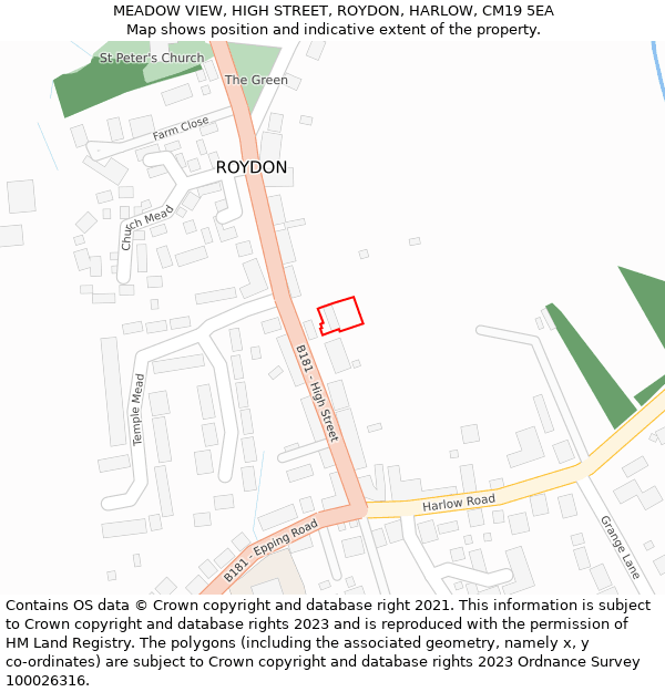 MEADOW VIEW, HIGH STREET, ROYDON, HARLOW, CM19 5EA: Location map and indicative extent of plot