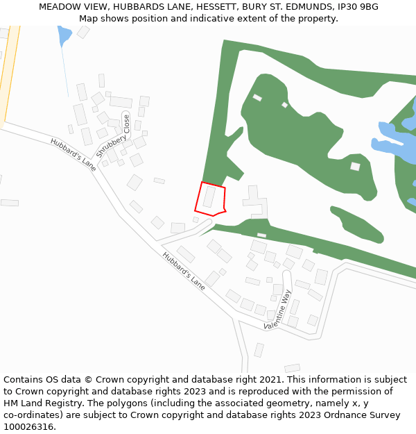 MEADOW VIEW, HUBBARDS LANE, HESSETT, BURY ST. EDMUNDS, IP30 9BG: Location map and indicative extent of plot