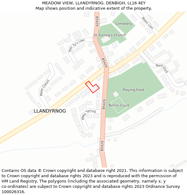 MEADOW VIEW, LLANDYRNOG, DENBIGH, LL16 4EY: Location map and indicative extent of plot