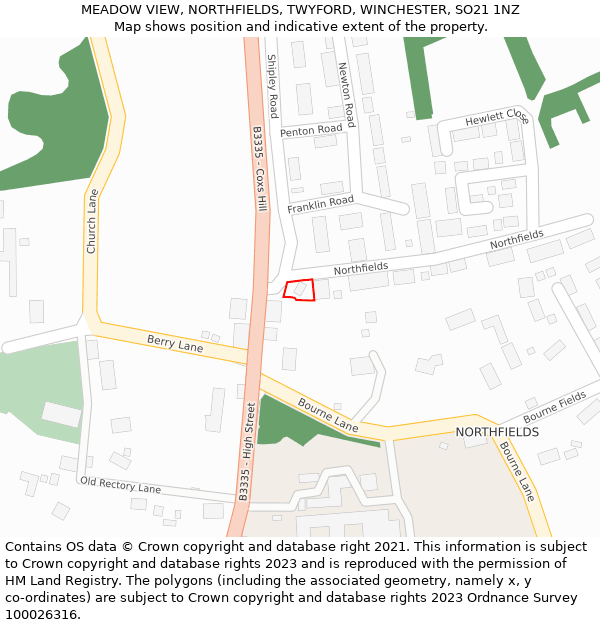 MEADOW VIEW, NORTHFIELDS, TWYFORD, WINCHESTER, SO21 1NZ: Location map and indicative extent of plot