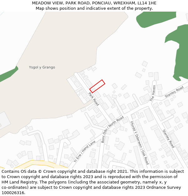 MEADOW VIEW, PARK ROAD, PONCIAU, WREXHAM, LL14 1HE: Location map and indicative extent of plot