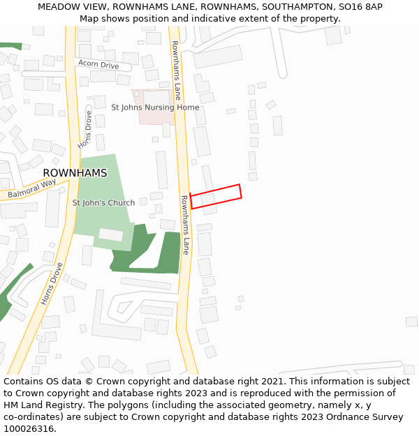 MEADOW VIEW, ROWNHAMS LANE, ROWNHAMS, SOUTHAMPTON, SO16 8AP: Location map and indicative extent of plot