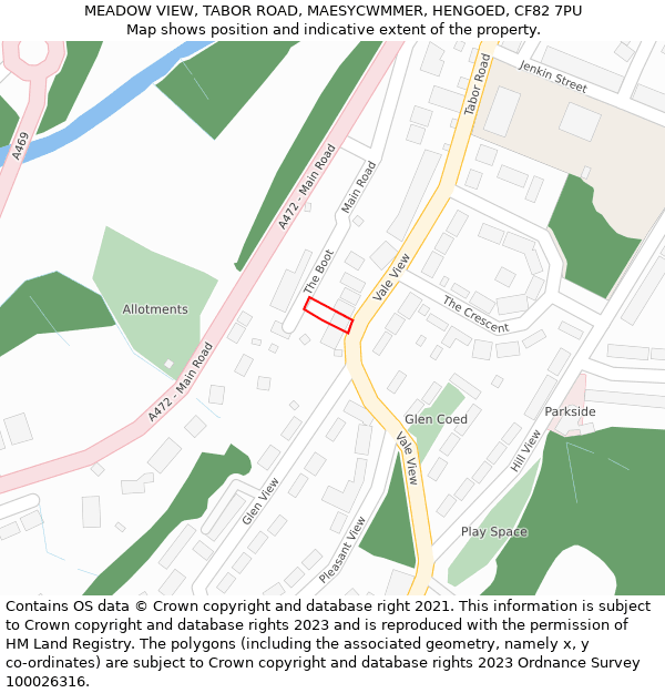 MEADOW VIEW, TABOR ROAD, MAESYCWMMER, HENGOED, CF82 7PU: Location map and indicative extent of plot