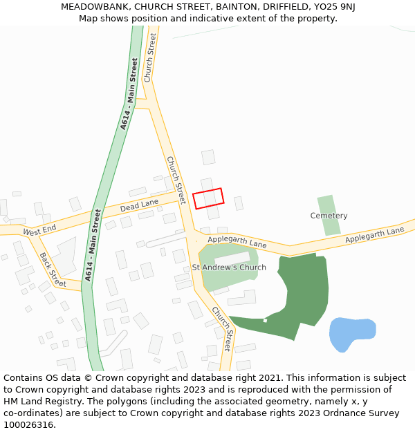 MEADOWBANK, CHURCH STREET, BAINTON, DRIFFIELD, YO25 9NJ: Location map and indicative extent of plot