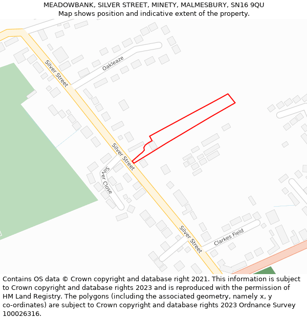 MEADOWBANK, SILVER STREET, MINETY, MALMESBURY, SN16 9QU: Location map and indicative extent of plot