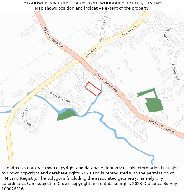 MEADOWBROOK HOUSE, BROADWAY, WOODBURY, EXETER, EX5 1NY: Location map and indicative extent of plot