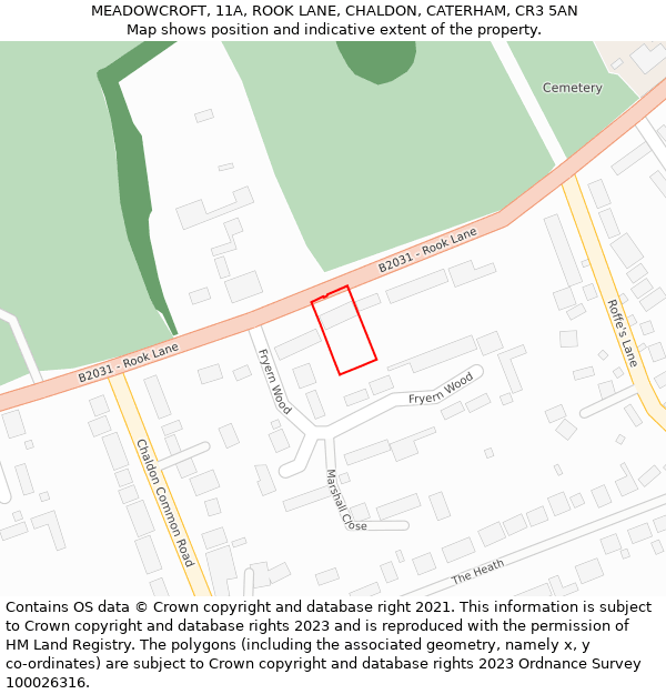 MEADOWCROFT, 11A, ROOK LANE, CHALDON, CATERHAM, CR3 5AN: Location map and indicative extent of plot