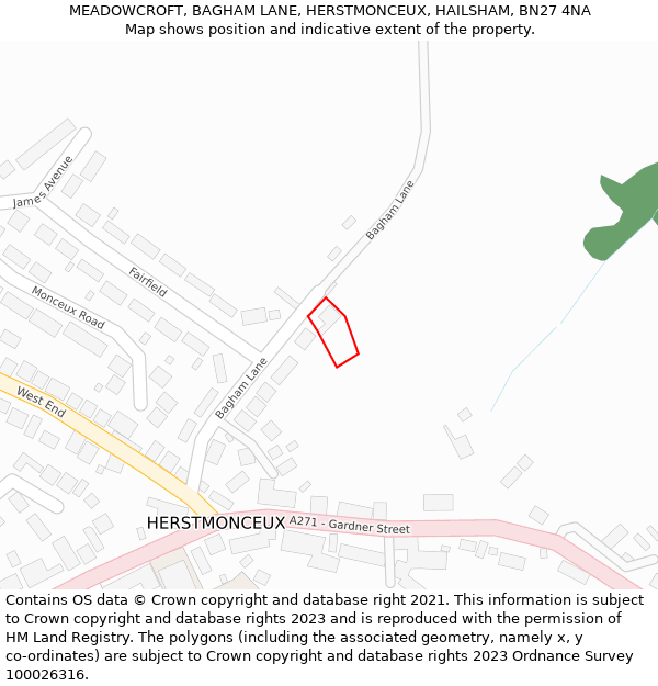 MEADOWCROFT, BAGHAM LANE, HERSTMONCEUX, HAILSHAM, BN27 4NA: Location map and indicative extent of plot