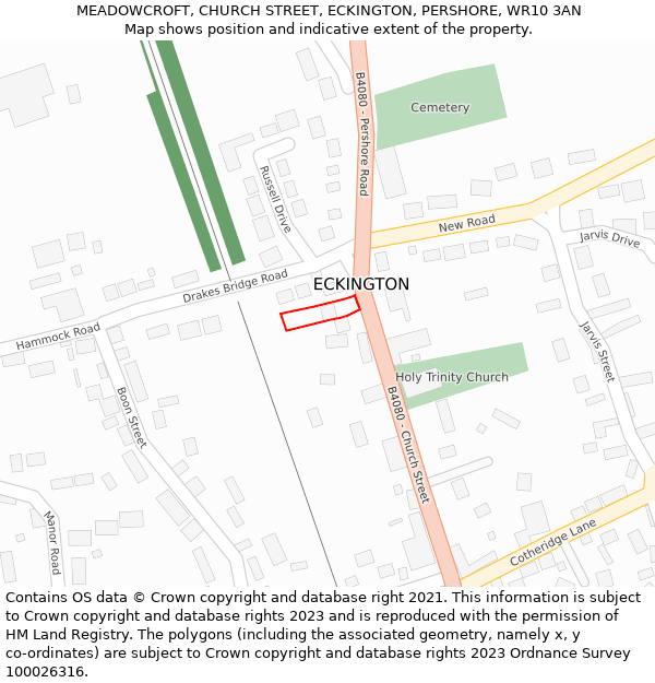 MEADOWCROFT, CHURCH STREET, ECKINGTON, PERSHORE, WR10 3AN: Location map and indicative extent of plot