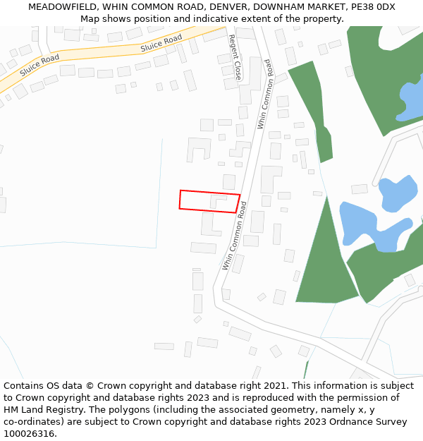 MEADOWFIELD, WHIN COMMON ROAD, DENVER, DOWNHAM MARKET, PE38 0DX: Location map and indicative extent of plot