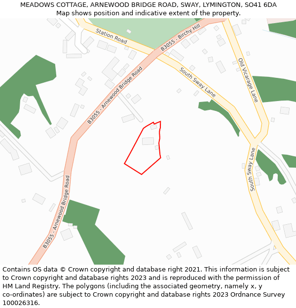 MEADOWS COTTAGE, ARNEWOOD BRIDGE ROAD, SWAY, LYMINGTON, SO41 6DA: Location map and indicative extent of plot