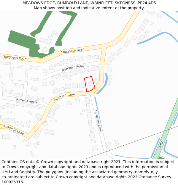 MEADOWS EDGE, RUMBOLD LANE, WAINFLEET, SKEGNESS, PE24 4DS: Location map and indicative extent of plot