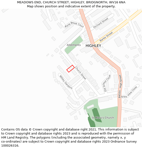MEADOWS END, CHURCH STREET, HIGHLEY, BRIDGNORTH, WV16 6NA: Location map and indicative extent of plot