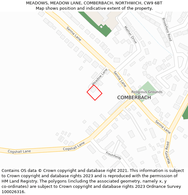 MEADOWS, MEADOW LANE, COMBERBACH, NORTHWICH, CW9 6BT: Location map and indicative extent of plot