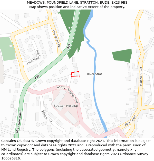 MEADOWS, POUNDFIELD LANE, STRATTON, BUDE, EX23 9BS: Location map and indicative extent of plot