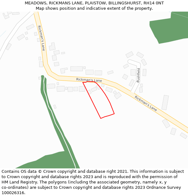 MEADOWS, RICKMANS LANE, PLAISTOW, BILLINGSHURST, RH14 0NT: Location map and indicative extent of plot