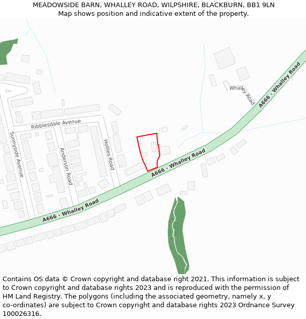 MEADOWSIDE BARN, WHALLEY ROAD, WILPSHIRE, BLACKBURN, BB1 9LN: Location map and indicative extent of plot