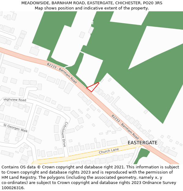 MEADOWSIDE, BARNHAM ROAD, EASTERGATE, CHICHESTER, PO20 3RS: Location map and indicative extent of plot