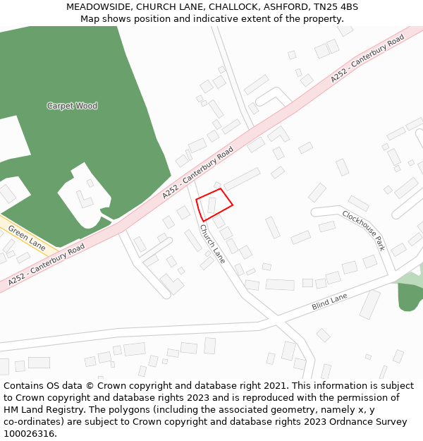 MEADOWSIDE, CHURCH LANE, CHALLOCK, ASHFORD, TN25 4BS: Location map and indicative extent of plot