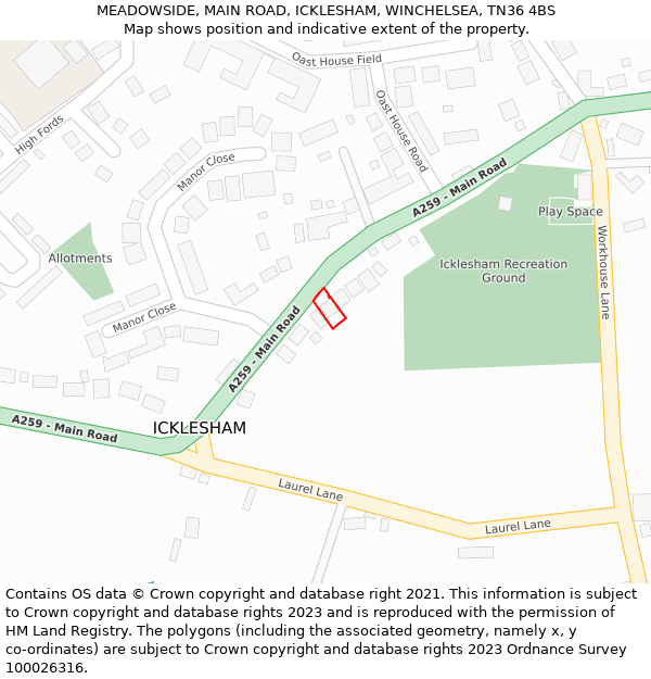 MEADOWSIDE, MAIN ROAD, ICKLESHAM, WINCHELSEA, TN36 4BS: Location map and indicative extent of plot