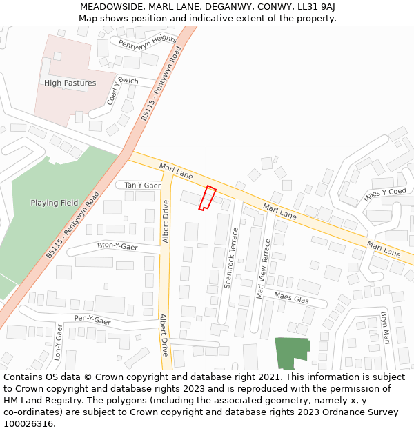 MEADOWSIDE, MARL LANE, DEGANWY, CONWY, LL31 9AJ: Location map and indicative extent of plot