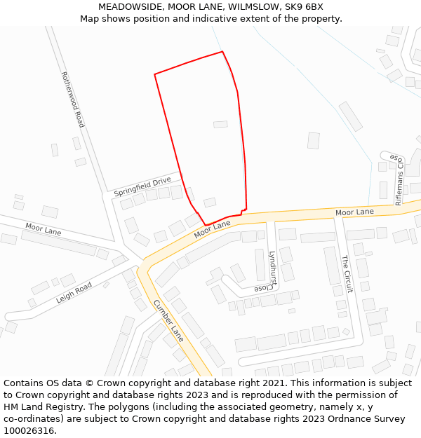 MEADOWSIDE, MOOR LANE, WILMSLOW, SK9 6BX: Location map and indicative extent of plot