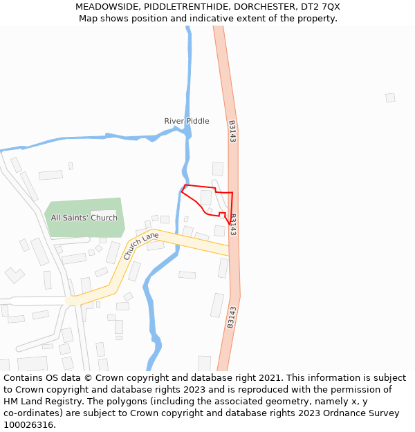 MEADOWSIDE, PIDDLETRENTHIDE, DORCHESTER, DT2 7QX: Location map and indicative extent of plot