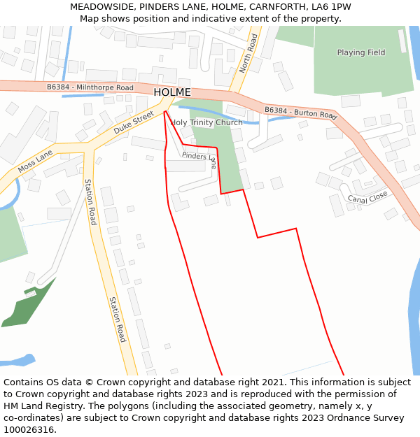 MEADOWSIDE, PINDERS LANE, HOLME, CARNFORTH, LA6 1PW: Location map and indicative extent of plot