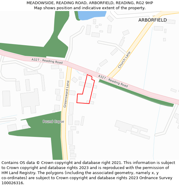 MEADOWSIDE, READING ROAD, ARBORFIELD, READING, RG2 9HP: Location map and indicative extent of plot