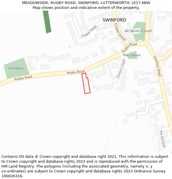 MEADOWSIDE, RUGBY ROAD, SWINFORD, LUTTERWORTH, LE17 6BW: Location map and indicative extent of plot