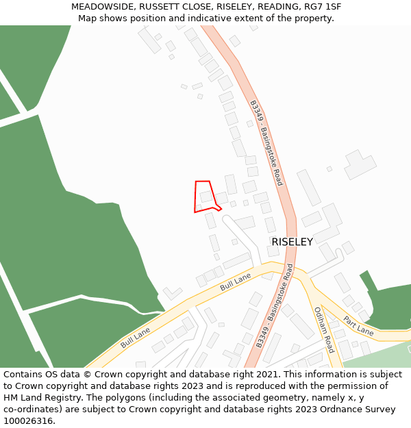 MEADOWSIDE, RUSSETT CLOSE, RISELEY, READING, RG7 1SF: Location map and indicative extent of plot