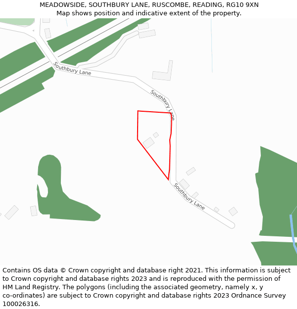 MEADOWSIDE, SOUTHBURY LANE, RUSCOMBE, READING, RG10 9XN: Location map and indicative extent of plot