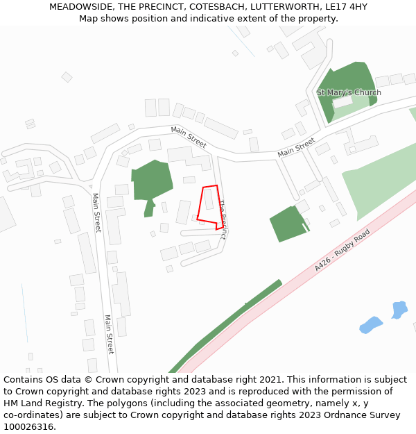 MEADOWSIDE, THE PRECINCT, COTESBACH, LUTTERWORTH, LE17 4HY: Location map and indicative extent of plot