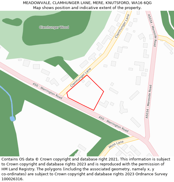 MEADOWVALE, CLAMHUNGER LANE, MERE, KNUTSFORD, WA16 6QG: Location map and indicative extent of plot