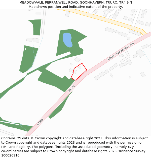 MEADOWVALE, PERRANWELL ROAD, GOONHAVERN, TRURO, TR4 9JN: Location map and indicative extent of plot