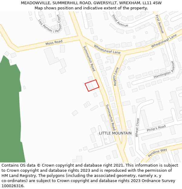 MEADOWVILLE, SUMMERHILL ROAD, GWERSYLLT, WREXHAM, LL11 4SW: Location map and indicative extent of plot