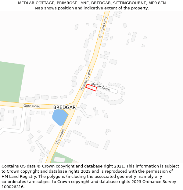 MEDLAR COTTAGE, PRIMROSE LANE, BREDGAR, SITTINGBOURNE, ME9 8EN: Location map and indicative extent of plot