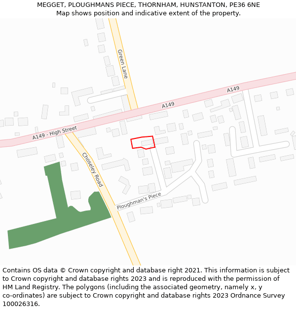 MEGGET, PLOUGHMANS PIECE, THORNHAM, HUNSTANTON, PE36 6NE: Location map and indicative extent of plot