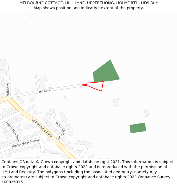 MELBOURNE COTTAGE, HILL LANE, UPPERTHONG, HOLMFIRTH, HD9 3UY: Location map and indicative extent of plot